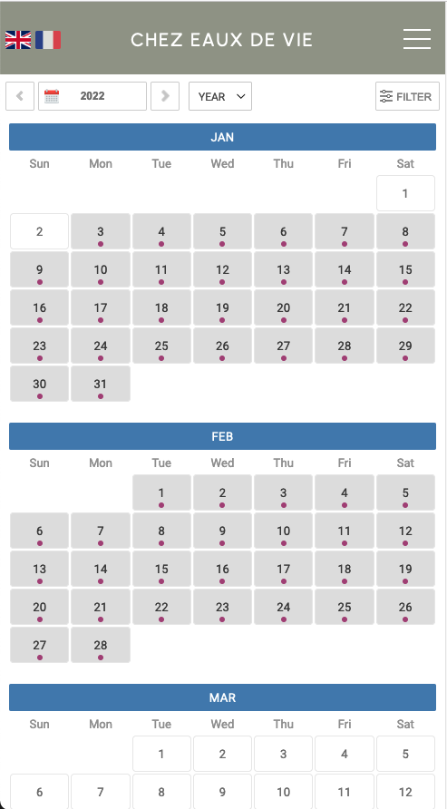 Multi Lingual website holiday booking site English & French language website with online availability calendar